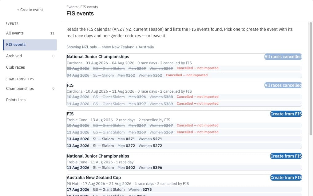FIS races read from the FIS calendar, then the event built from them