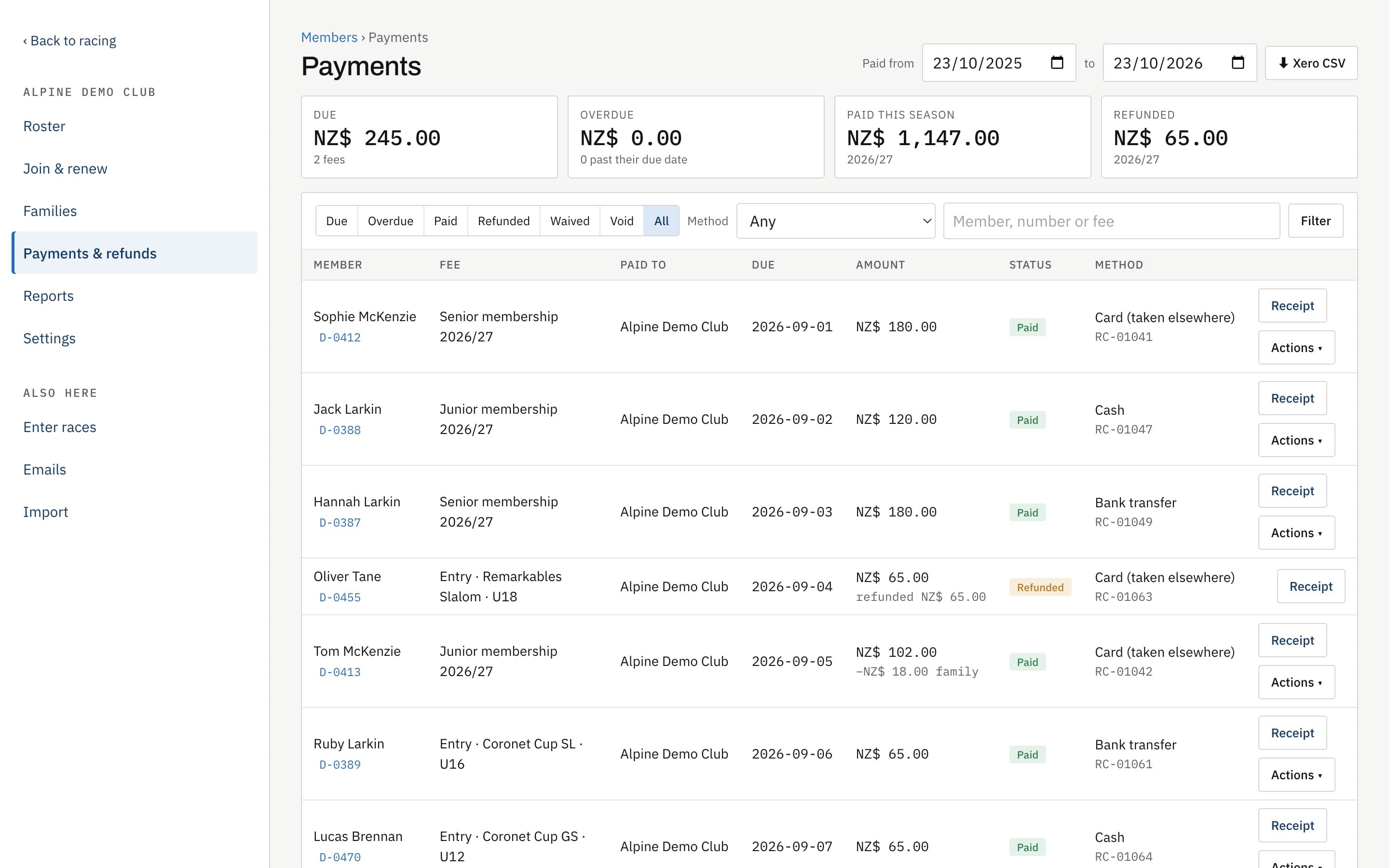 Club payments by card, cash and bank transfer, ready for Xero